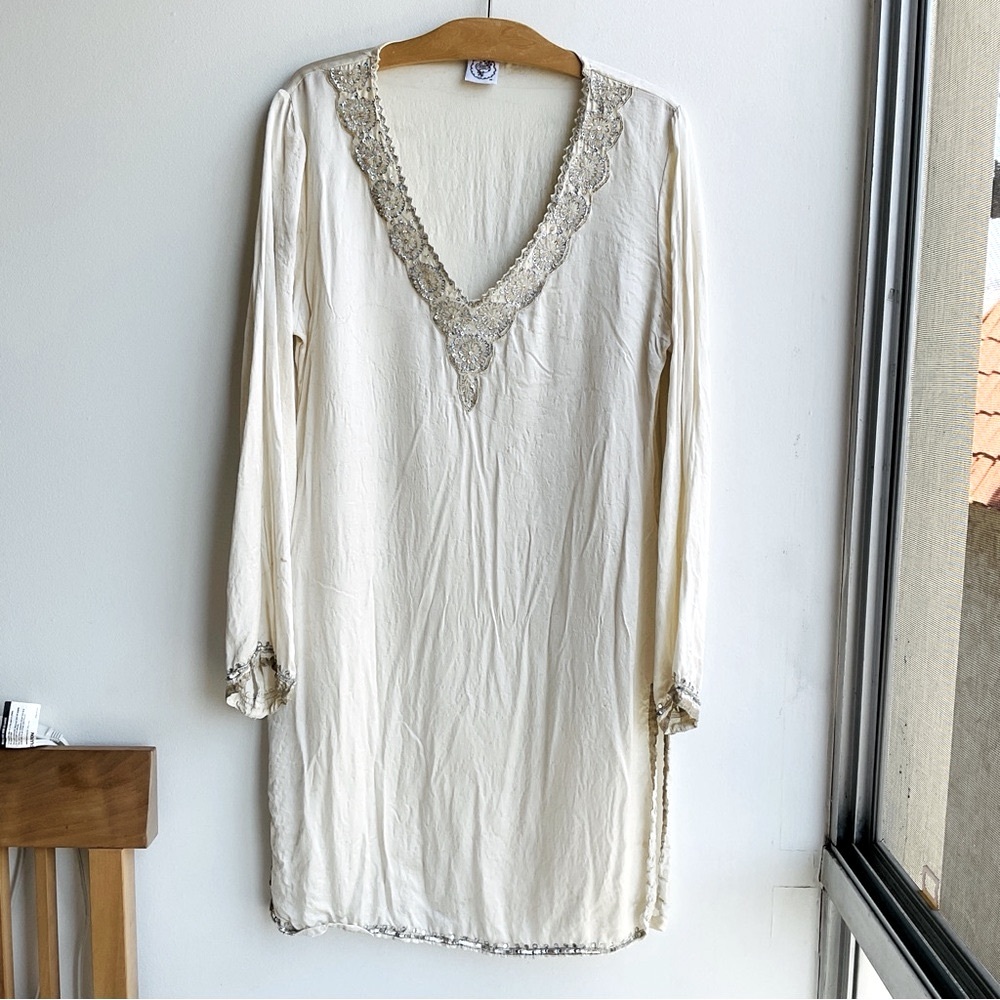 Sage 100% Silk White Long Sleeve Dress with Silver Sequins